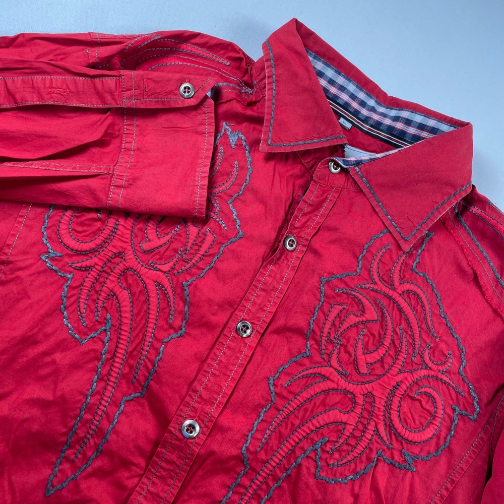House of Lords Mens XL Red Embroidered Western Button Down Shirt Tribal Y2K Long